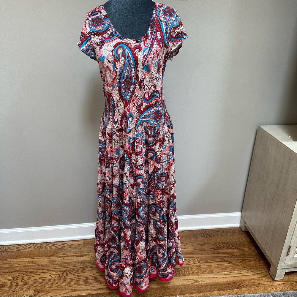 Soft Surroundings Kara Dress Tiered Boho Maxi Floral Paisley Cap Sleeve XS